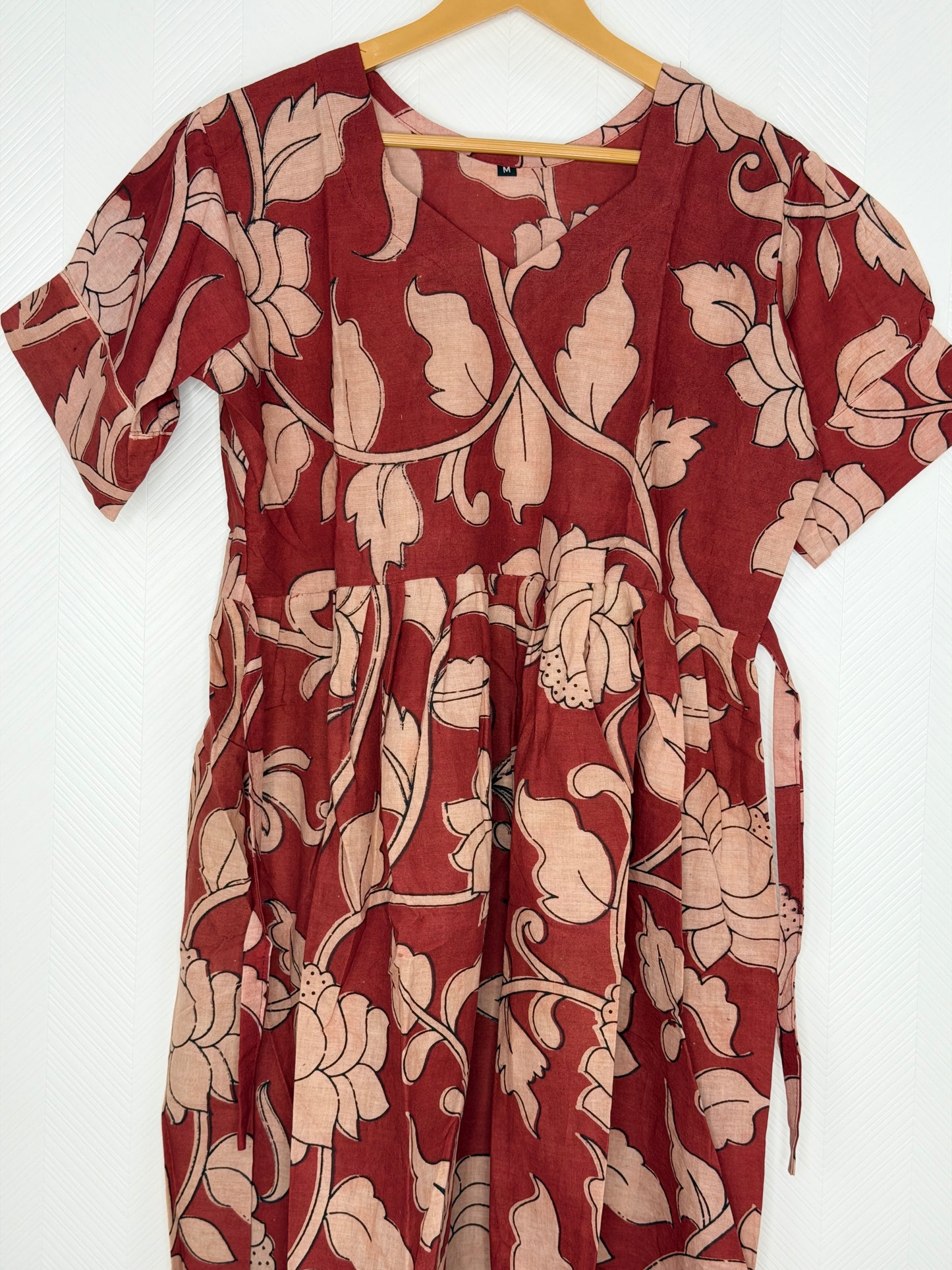 Kalamkari Cotton Frock Rust Floral Leaf Print