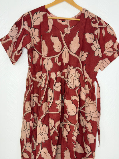 Kalamkari Cotton Frock Rust Floral Leaf Print