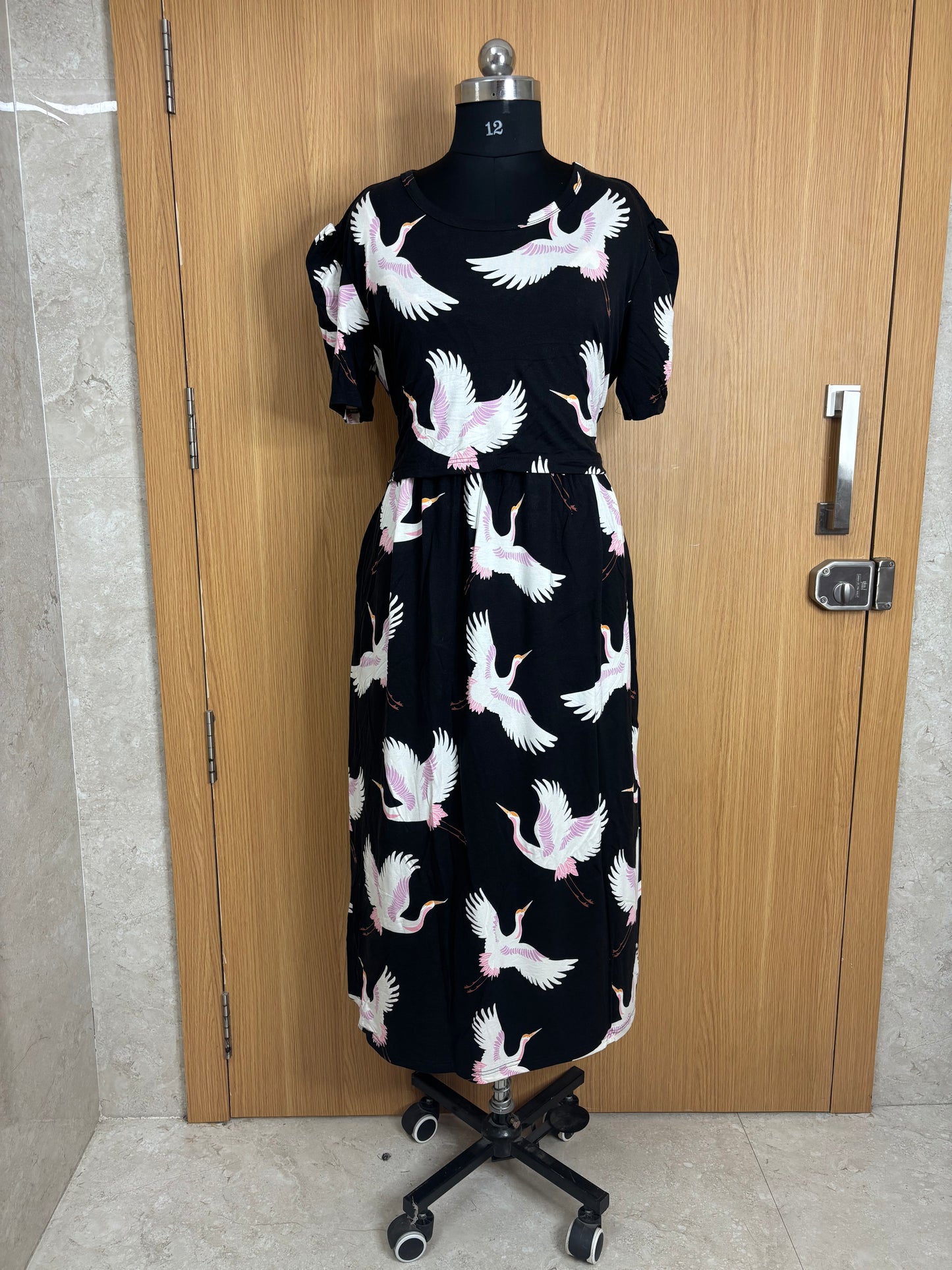 Black with White Flamingo's Printed Feeding Puff Sleeve Maxi