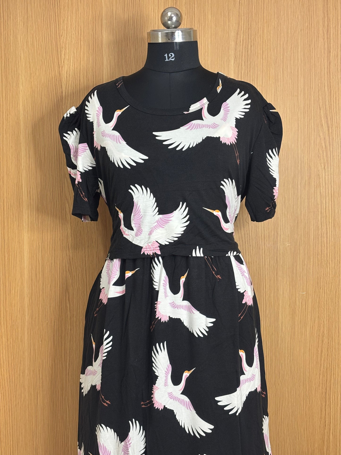 Black with White Flamingo's Printed Feeding Puff Sleeve Maxi