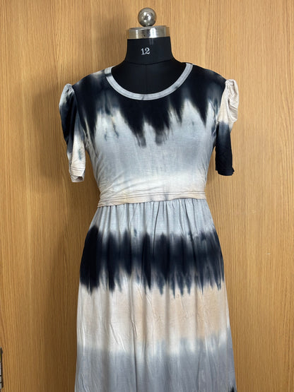 Triple Colors Mixed Die-Tye Printed Feeding Puff Sleeve Maxi