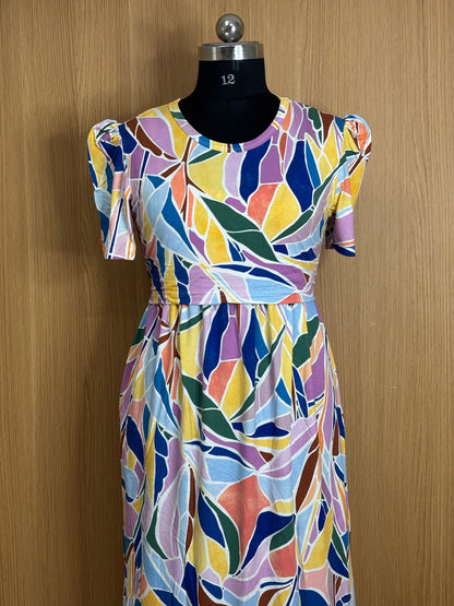 Multicolor Graphical Printed Feeding Puff Sleeve Maxi