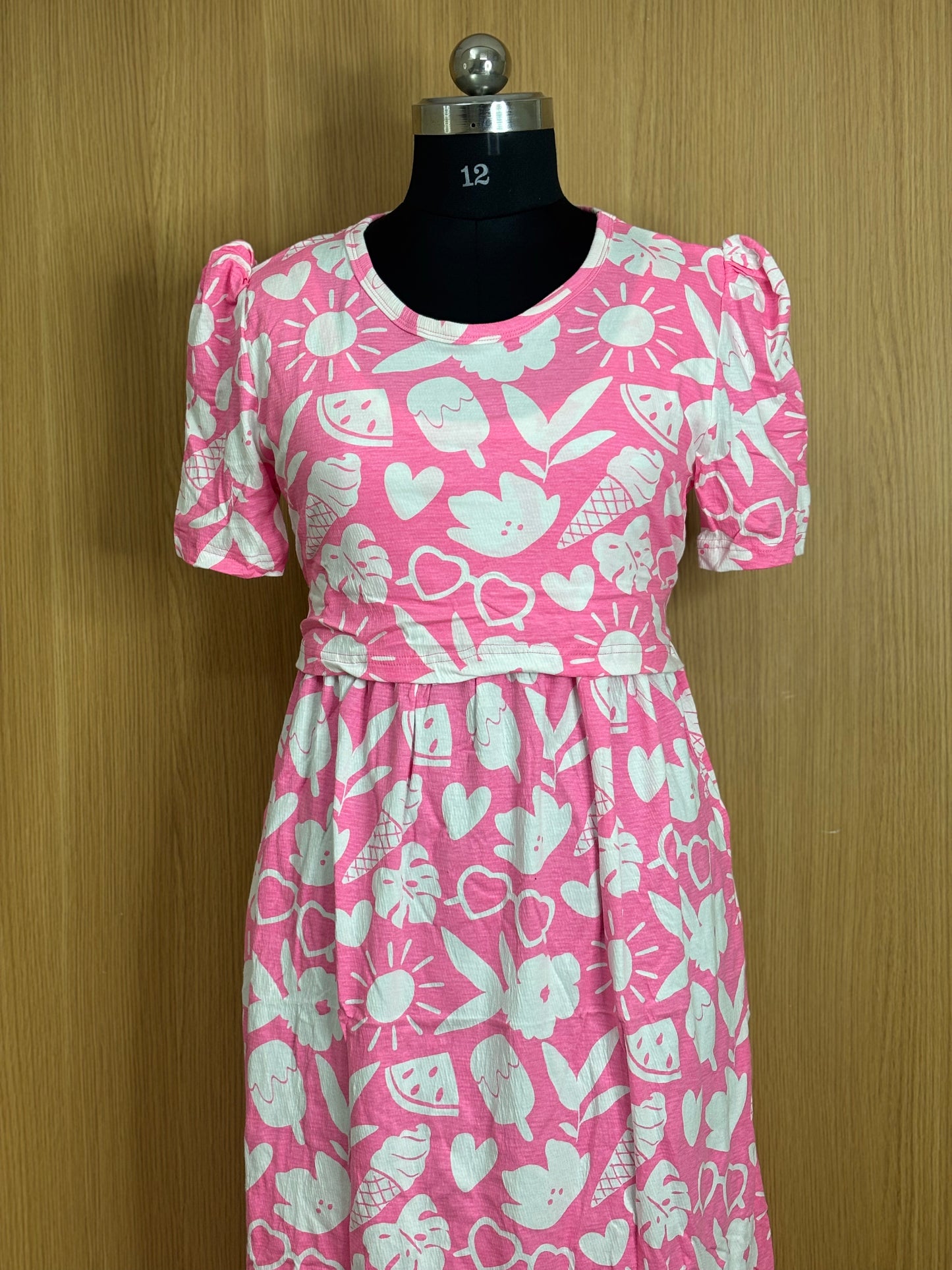 Light Pink with White Objects Printed Feeding Puff Sleeve Maxi