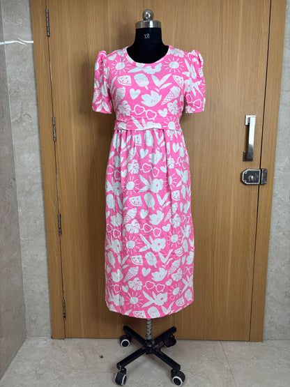 Light Pink with White Objects Printed Feeding Puff Sleeve Maxi