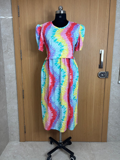 Multicolor Rainbow Pattern Printed Feeding Puff Sleeve Maxi