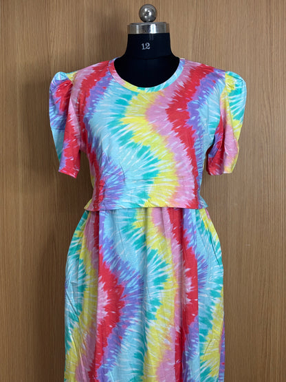 Multicolor Rainbow Pattern Printed Feeding Puff Sleeve Maxi