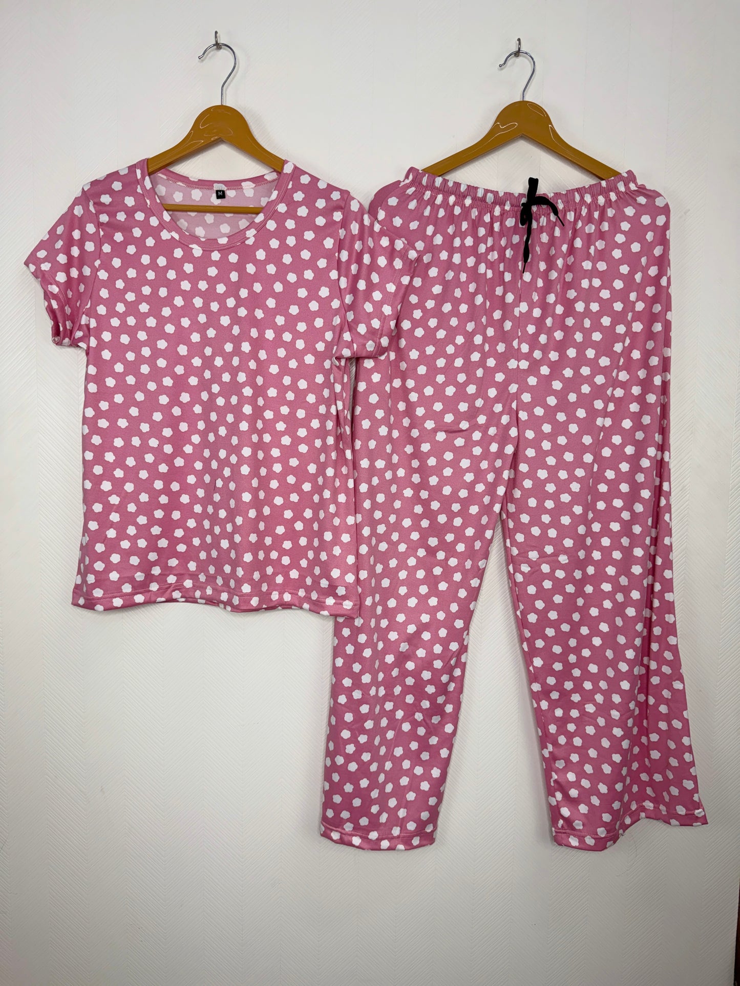 Spun Fabric Pink Polka Dot Print T-shirt and Palazzo Set