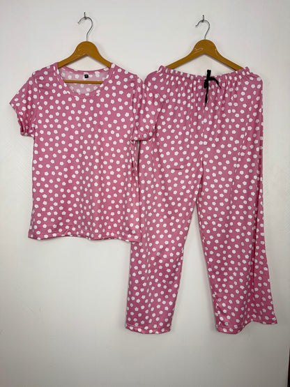 Spun Fabric Pink Polka Dot Print T-shirt and Palazzo Set