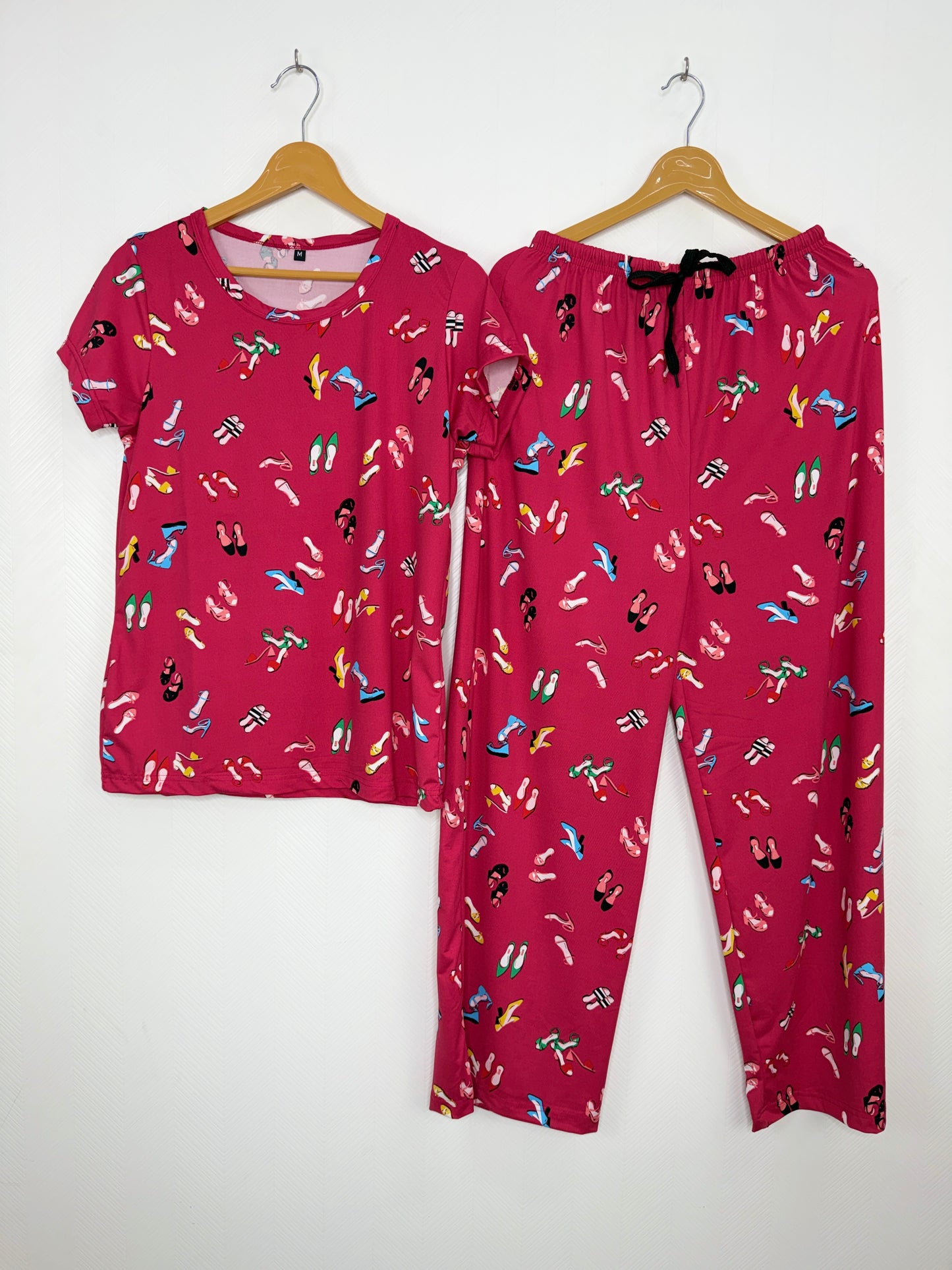 Spun Fabric Pink Footwear Print T-shirt and Palazzo Set