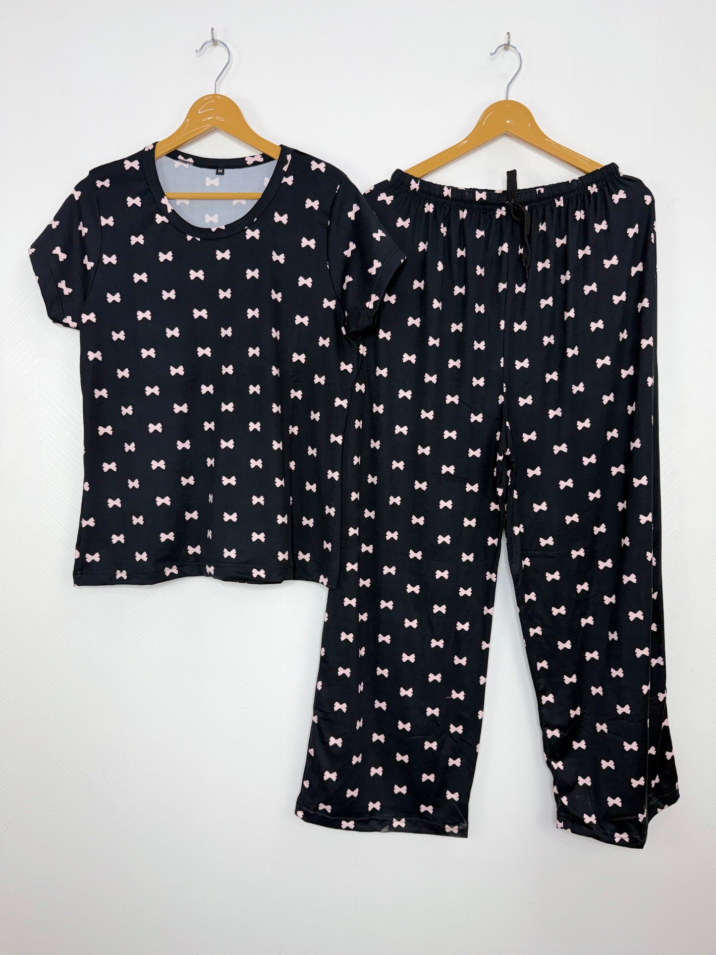 Spun Fabric Black Small Bow Print T-shirt and Palazzo Set