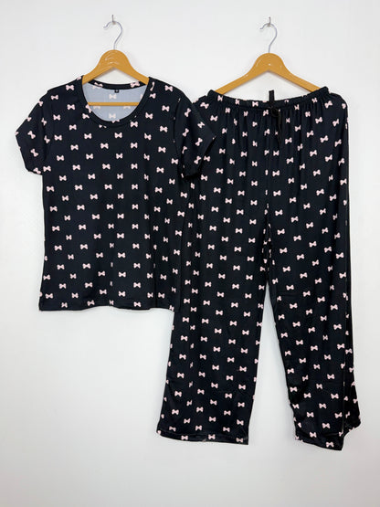 Spun Fabric Black Small Bow Print T-shirt and Palazzo Set