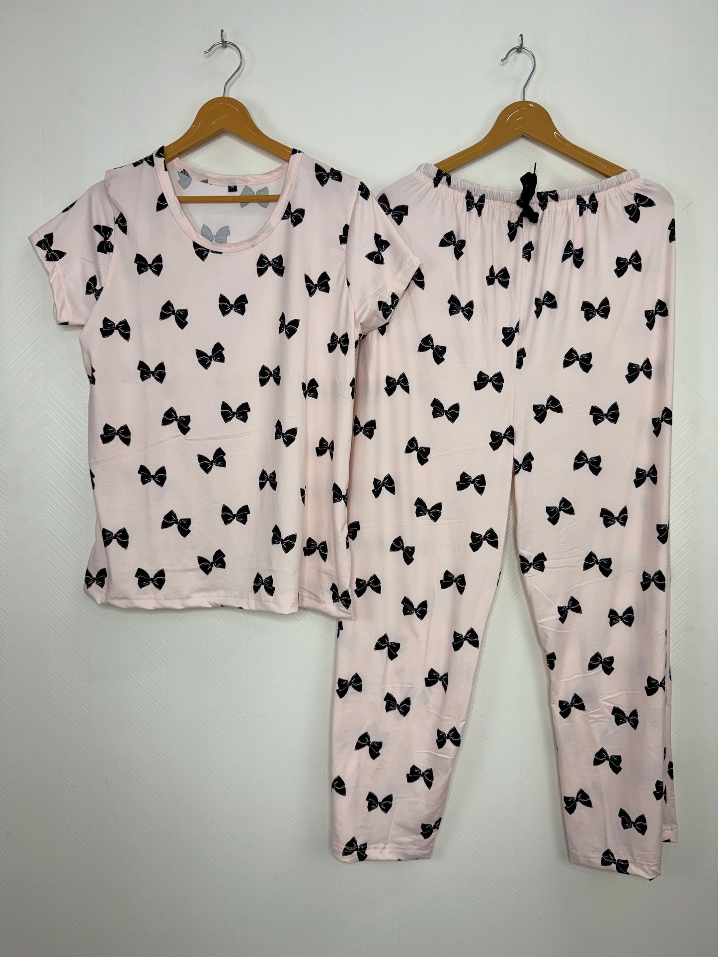 Spun Fabric Light Pink Bow Print T-shirt and Palazzo Set