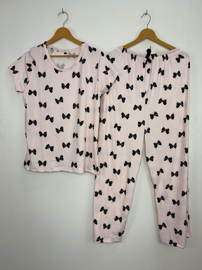 Spun Fabric Light Pink Bow Print T-shirt and Palazzo Set