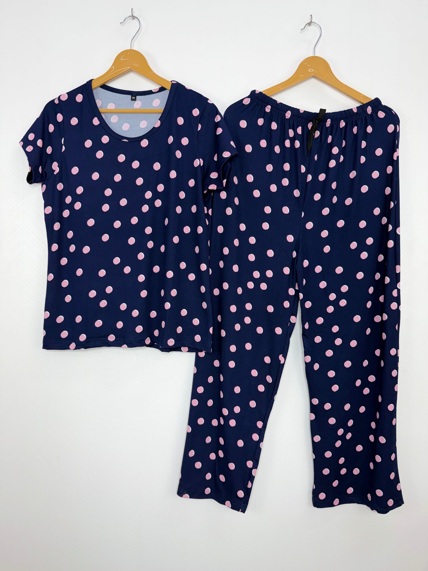 Spun Fabric Navy Blue Polka Dot Print T-shirt and Palazzo Set