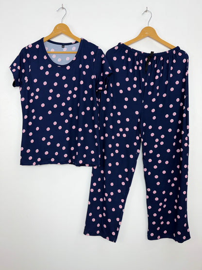 Spun Fabric Navy Blue Polka Dot Print T-shirt and Palazzo Set