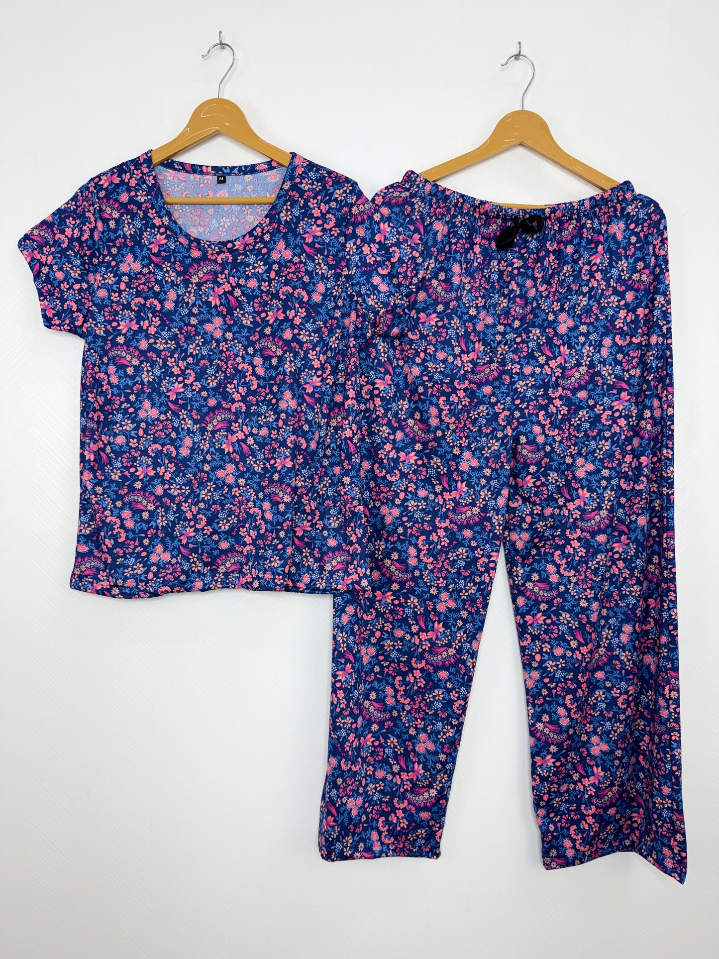 Spun Fabric Blue Multicolor Floral Print T-shirt and Palazzo Set