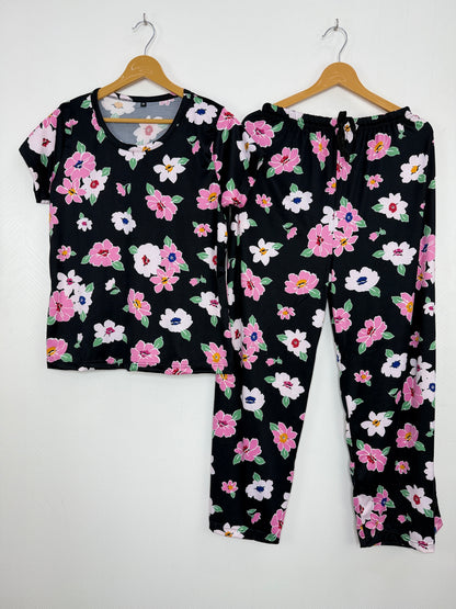 Spun Fabric Black Multicolor Floral Print T-shirt and Palazzo Set