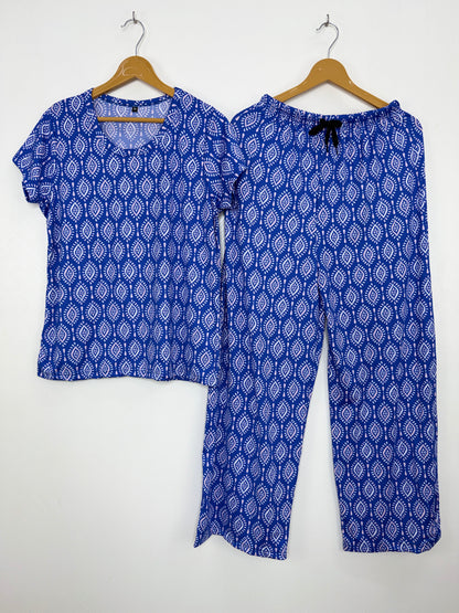 Spun Fabric Blue Ethnic Print T-shirt and Palazzo Set