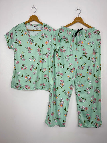 Spun Fabric Mint Green Floral Print T-shirt and Palazzo Set