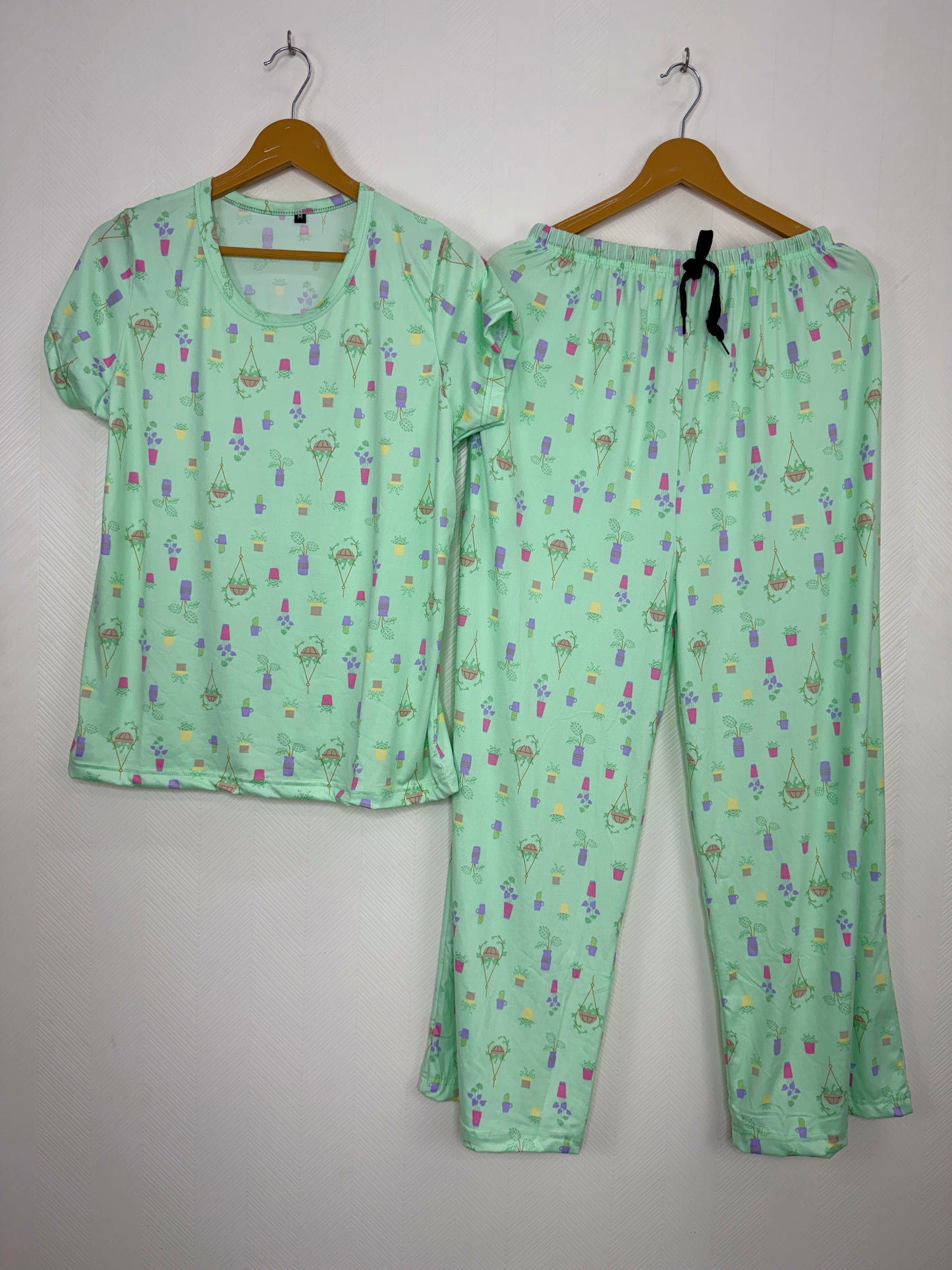 Spun Fabric Mint Green Plant Pot Printed T-shirt and Palazzo Set