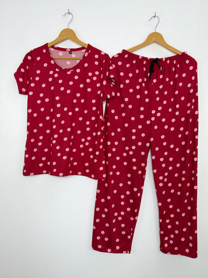 Spun Fabric Red Polka Dot Printed T-shirt and Palazzo Set