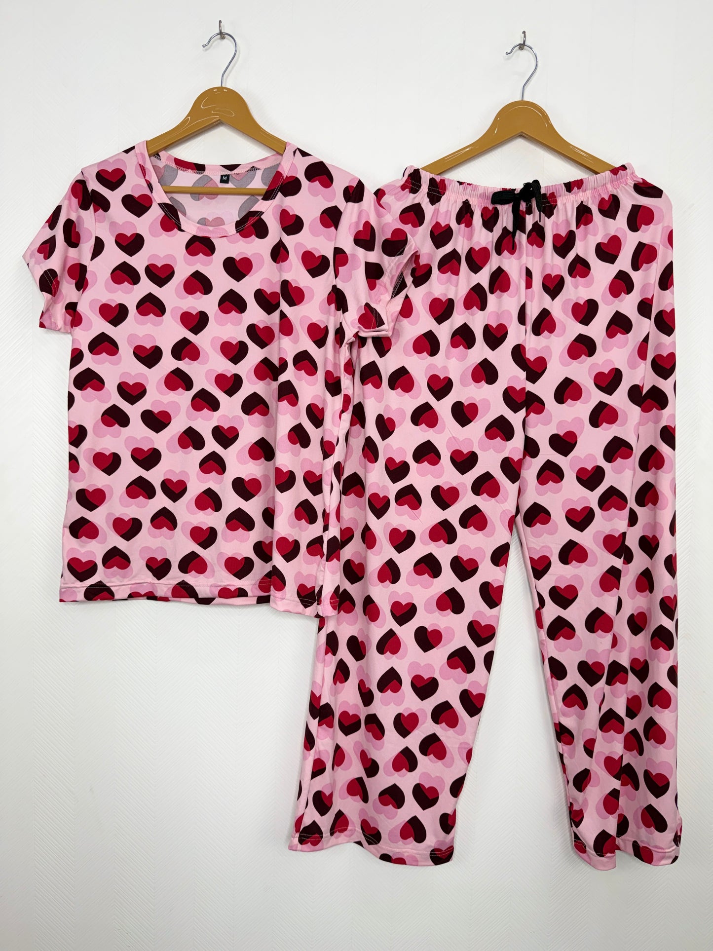 Spun Fabric Pink Heart Print T-shirt and Palazzo Set