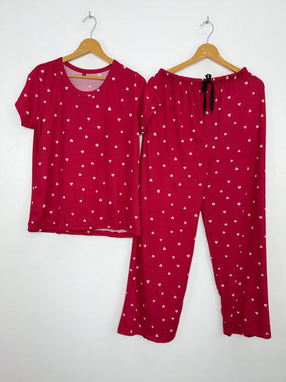 Spun Fabric Red Heart Print T-shirt and Palazzo Set