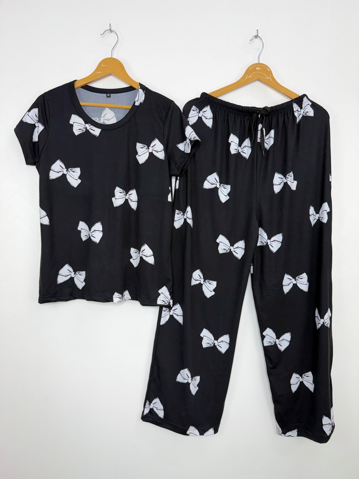Spun Fabric Black Bow Print T-shirt and Palazzo Set