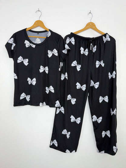 Spun Fabric Black Bow Print T-shirt and Palazzo Set