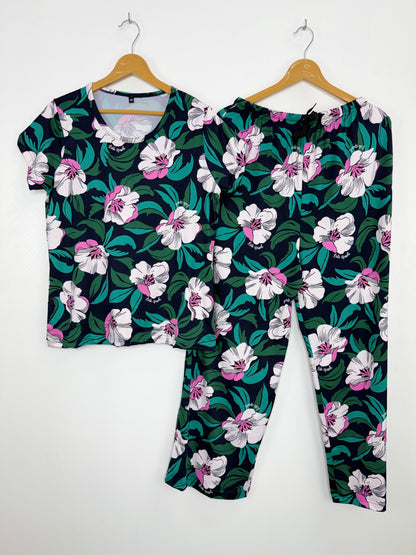 Spun Fabric Navy Blue Tropical Floral Printed T-shirt and Palazzo Set
