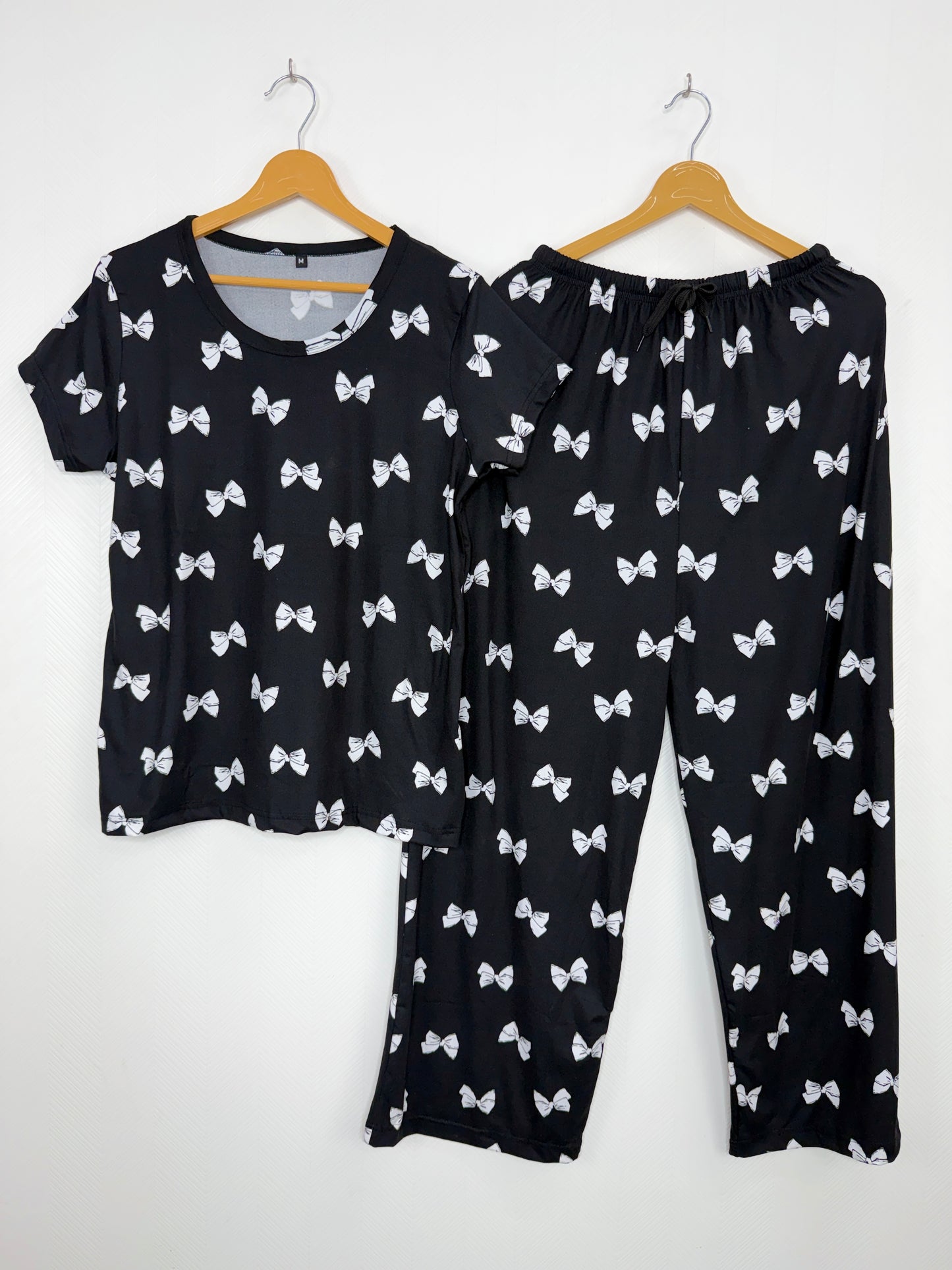 Spun Fabric Black Bow Print T-shirt and Palazzo Set