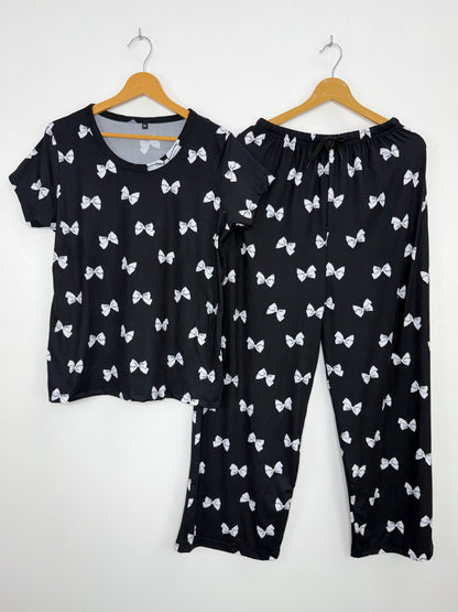 Spun Fabric Black Bow Print T-shirt and Palazzo Set