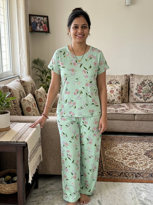 Spun Fabric Mint Green Floral Print T-shirt and Palazzo Set