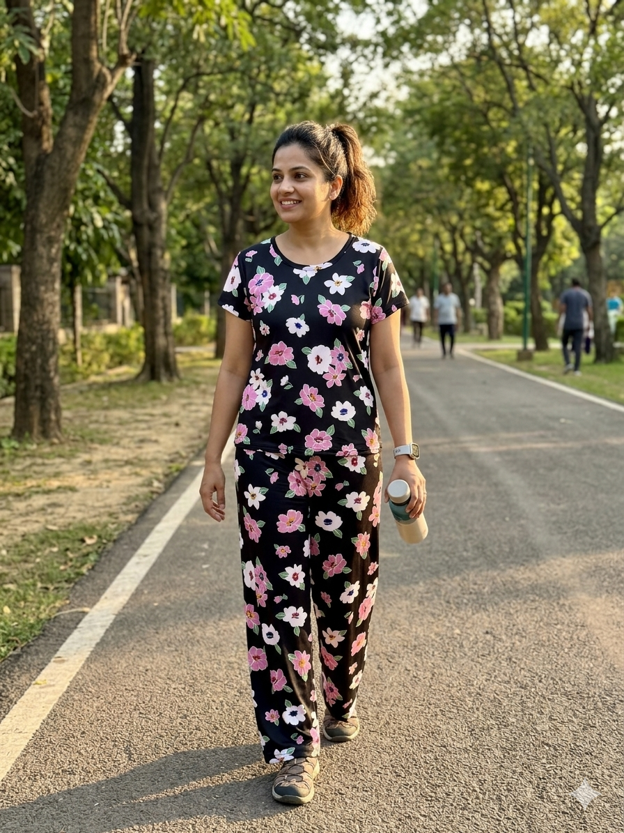 Spun Fabric Black Multicolor Floral Print T-shirt and Palazzo Set