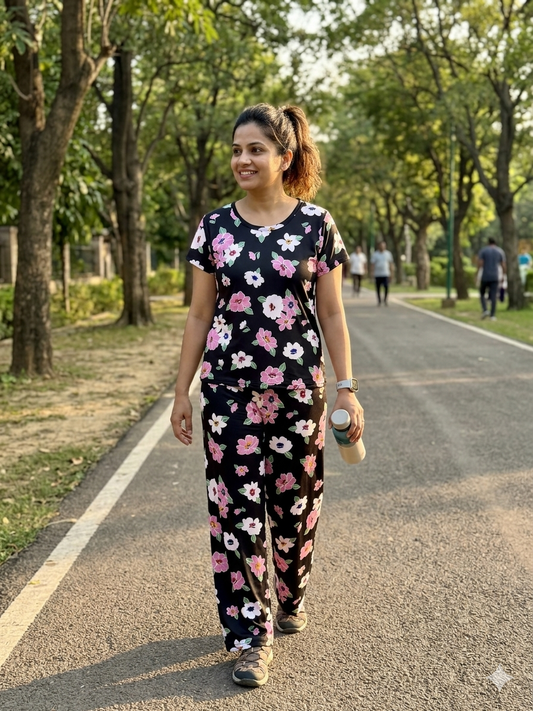 Spun Fabric Black Multicolor Floral Print T-shirt and Palazzo Set
