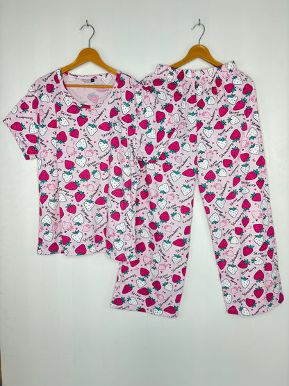Pink Strawberry Print T-Shirt and Palazzo Set