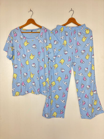 Light Blue Cartoon Character Print T-Shirt and Palazzo Set