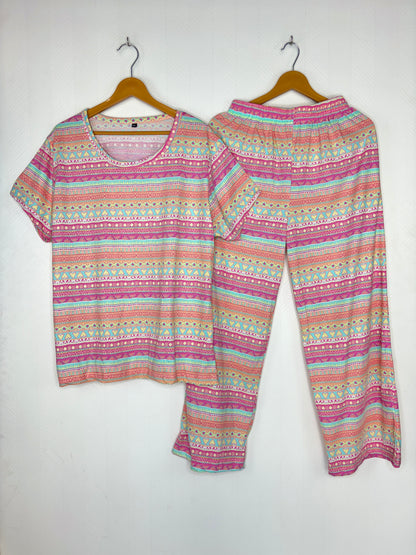 Pink Geometric Striped Print T-Shirt and Palazzo Set