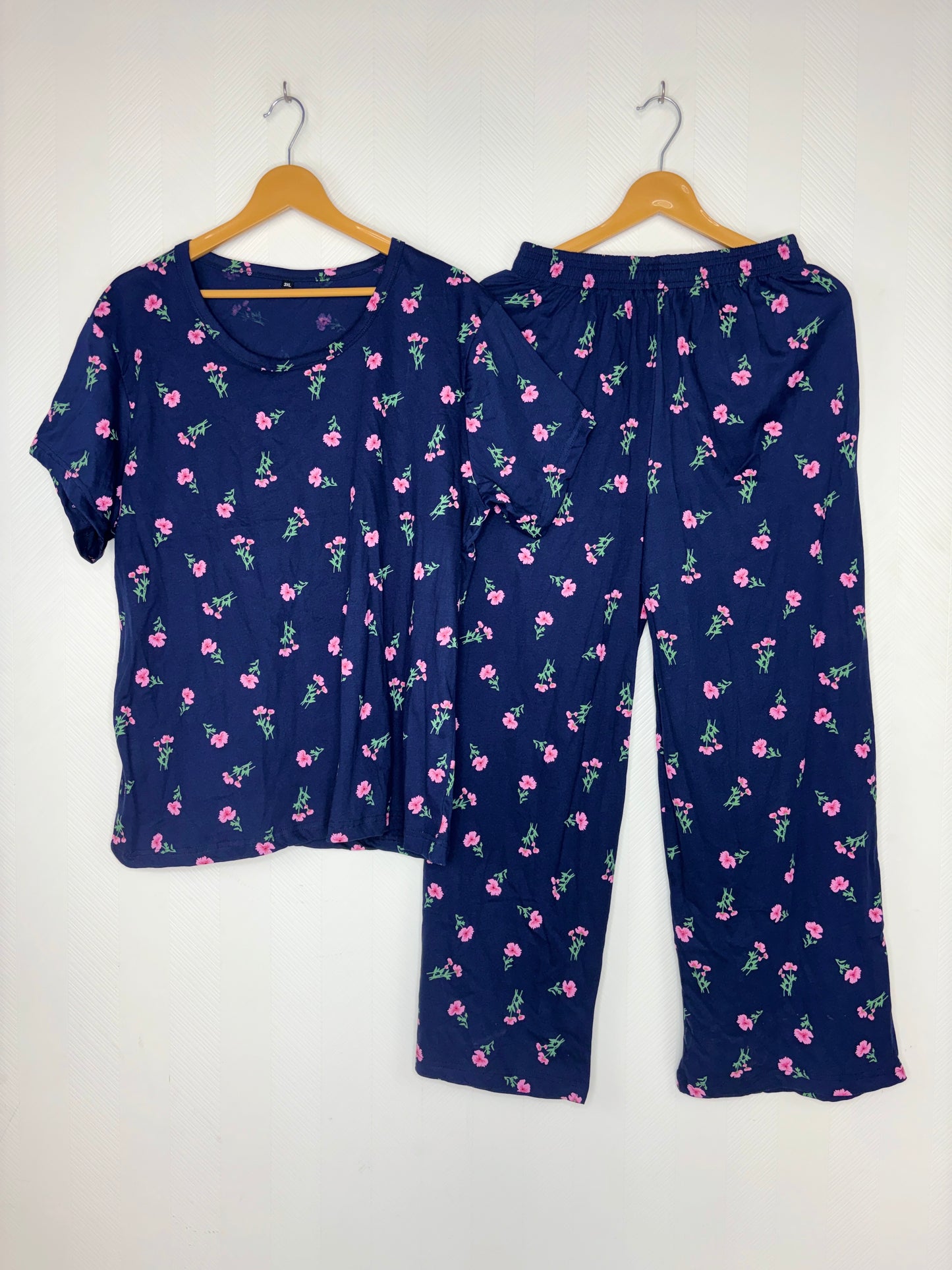 Navy Blue Floral Print T-Shirt and Palazzo Set