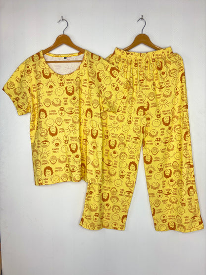 Yellow Cartoon Face Print T-Shirt and Palazzo Set