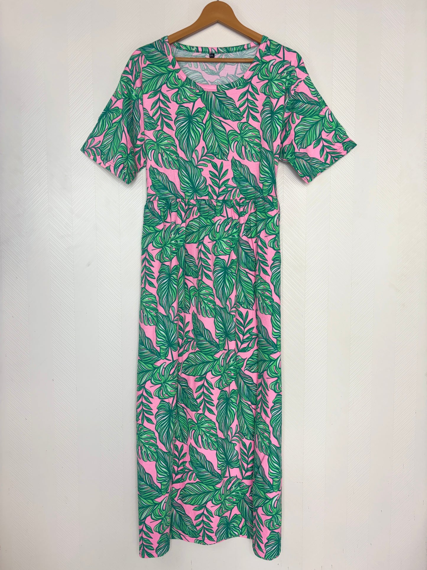 Pink Tropical Leaf Print Crush Frock