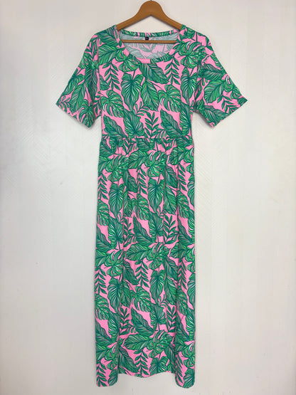 Pink Tropical Leaf Print Crush Frock