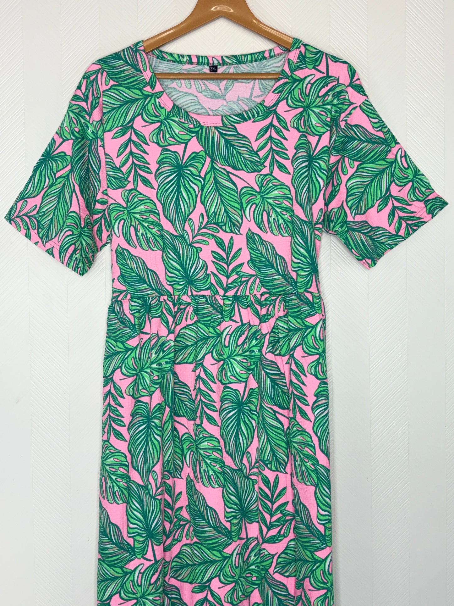 Pink Tropical Leaf Print Crush Frock