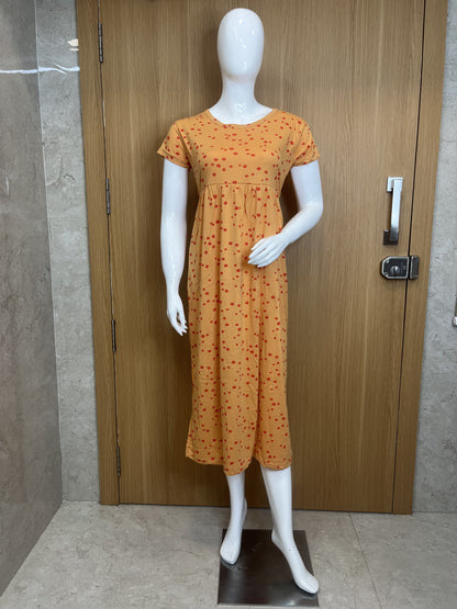 Mustard Yellow Floral Print Round Neck Half Sleeve Non Feeding Maxi