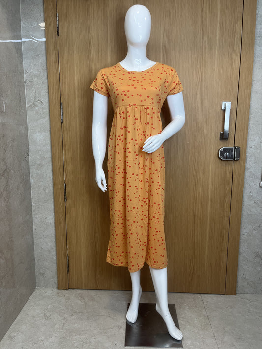 Mustard Yellow Floral Print Round Neck Half Sleeve Non Feeding Maxi