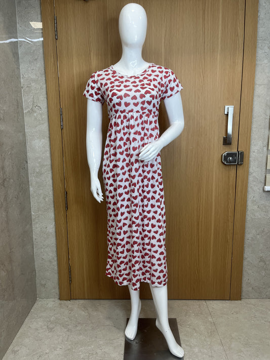 White & Red Heart Print Round Neck Half Sleeve Non Feeding Maxi