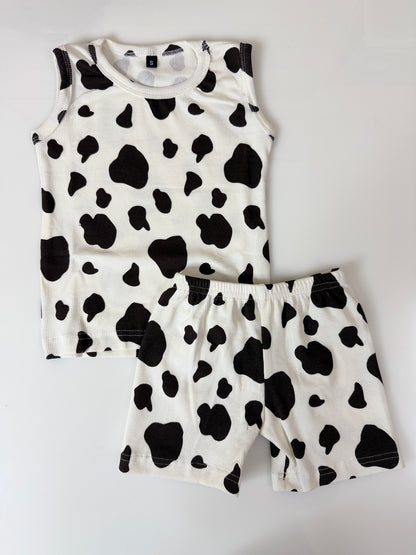 White Cow Print Sleeveless Kids Co-ords