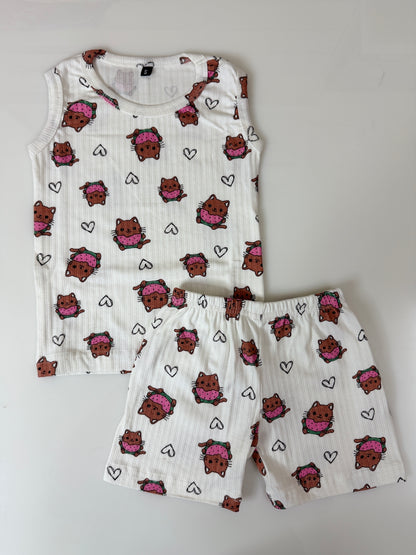 Off White Teddy Print Sleeveless Kids Co-ords