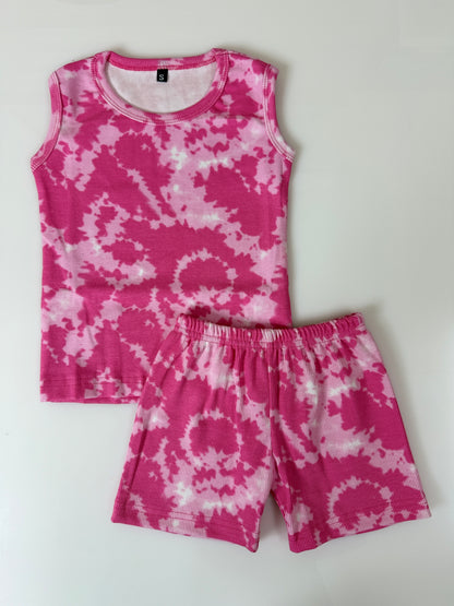 Pink Tie-Dye Print Sleeveless Kids Co-ords