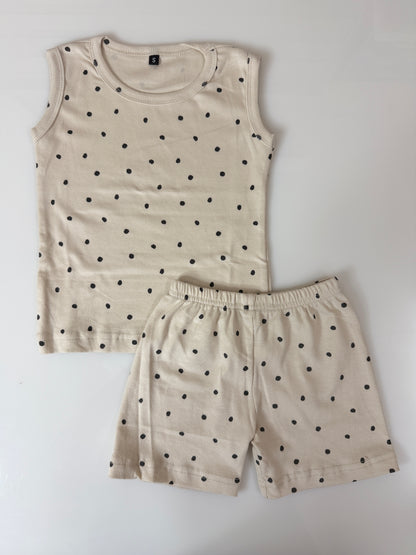 Beige Polka Dot Print Sleeveless Kids Co-ords